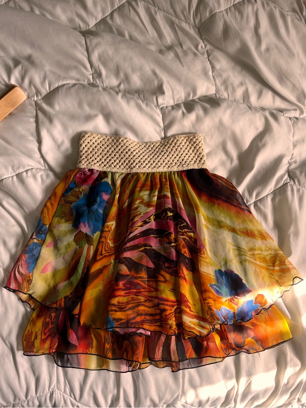 Analog Beige Crochet Top with Orange and Yellow Print